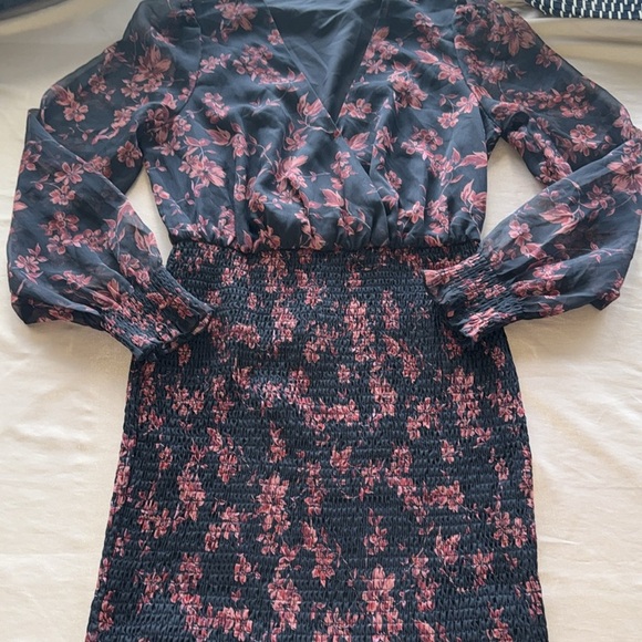Cupshe Floral Print Long Peasant Sleeve Dress Black & Red Smocked Skirt New - Picture 10 of 12